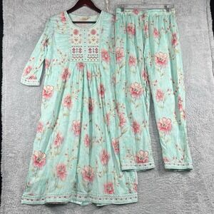 Neerus Kurta Pant Dupatta‎ Womens XXL Sea Green Floral Embroidered Lightweight